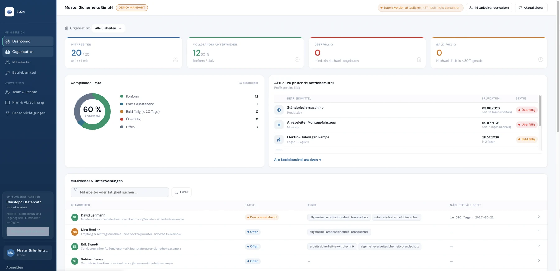 Dashboard – Mitarbeiterverwaltung und Unterweisungsstatus